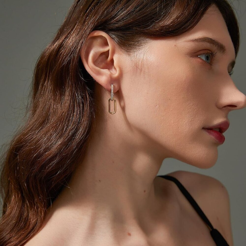 18K Gold Plated Paperclip Earrings for Women Convertible Dangle Hoops - Picture 9 of 9